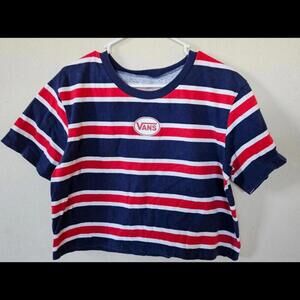 VANS Women's Striped Cropped Tee - Red, Navy & White Size Medium